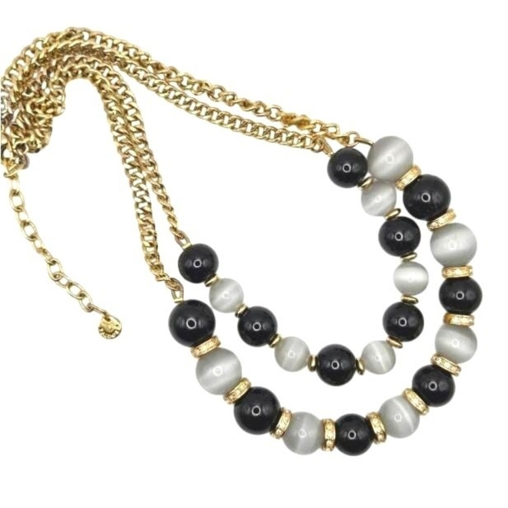 Talbots‎ Gold Tone Double Strand Beaded Necklace Black Gray Rhinestone Accents